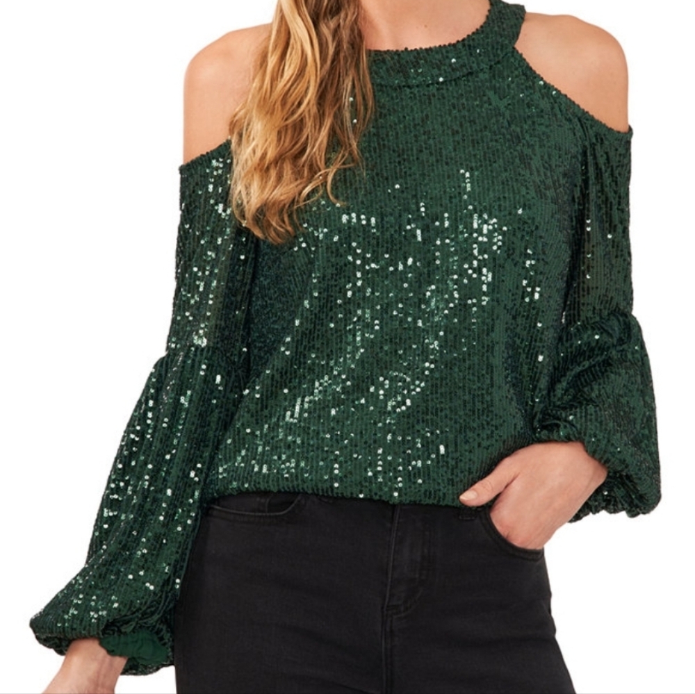Sequined Long Sleeve Cold-Shoulder Blouse